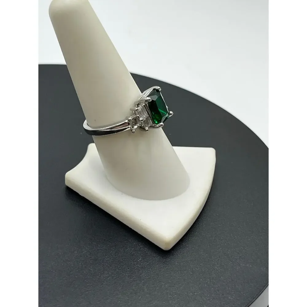 Sterling Silver Rhodium Plated Emerald Cut Green CZ Stone Baguette Side CZ 8.25‎